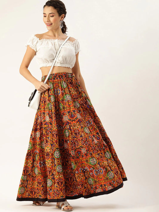 Multi-Coloured Phulkari Printed Tiered Flared Maxi Pure Cotton Skirt