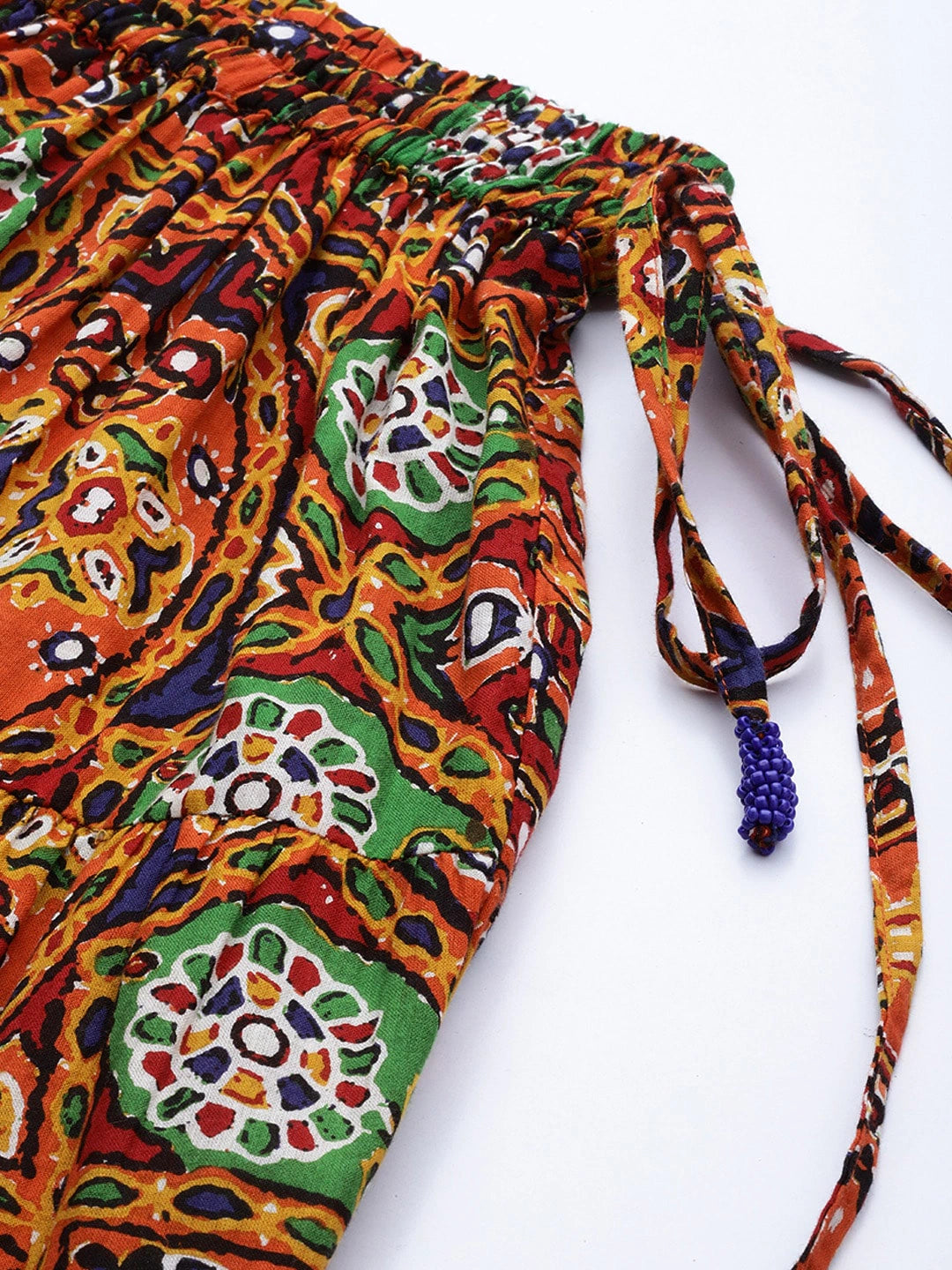 Multi-Coloured Phulkari Printed Tiered Flared Maxi Pure Cotton Skirt