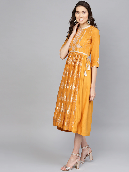Mustard Yellow & Golden Floral Printed A-Line Dress