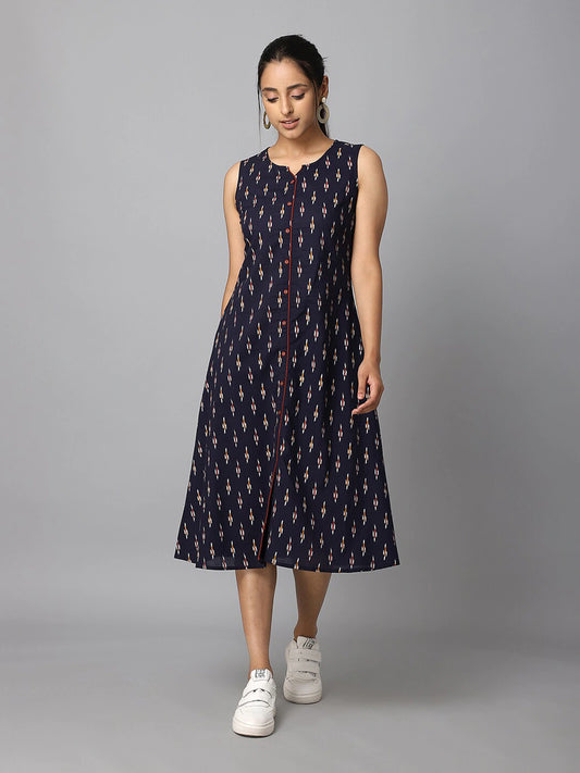 Navy Blue Ikkat Print A-Line Regular Fit Cotton Dress