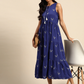 Navy Blue & White A-Line Midi Dress