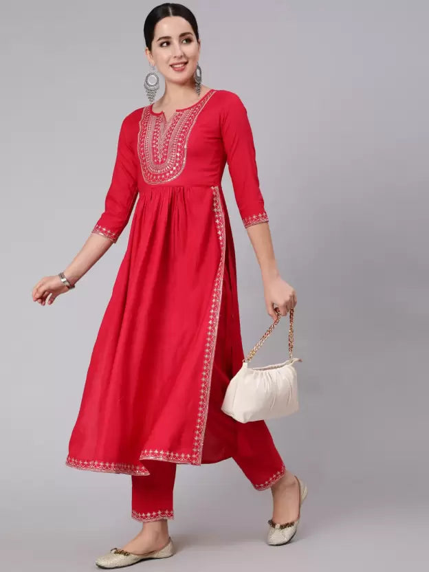 Women Viscose Rayon Nyra-cut Coral Kurta set