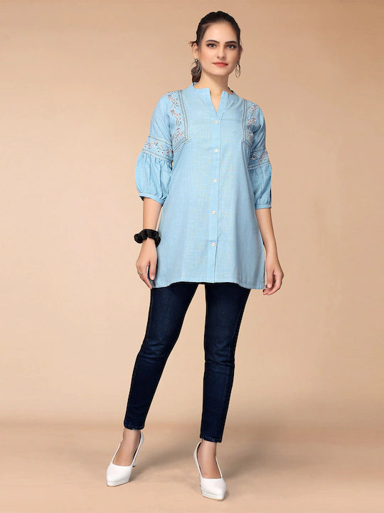 Blue Rayon Embroidered Top