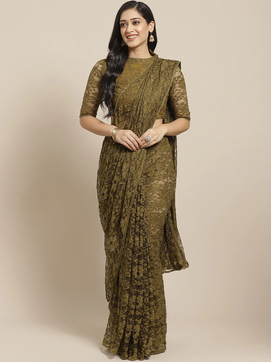 Olive Green Floral Embroidered Saree