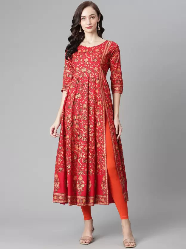 Women Navy Blue & Orange Printed Kurta Set