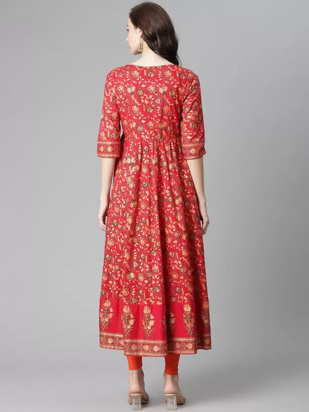 Women Navy Blue & Orange Printed Kurta Set