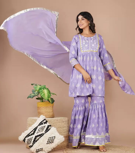 Women Viscose Rayon Purple Kurta Sharara Set