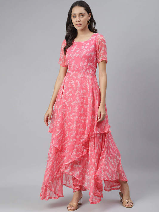 Pink Floral Georgette Maxi Dress