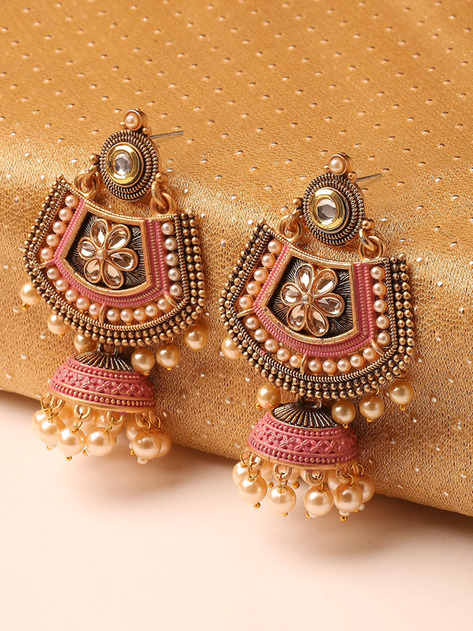 Pink Meenakari Kundan & Pearl Floral Ethnic Drop Jhumka Earrings
