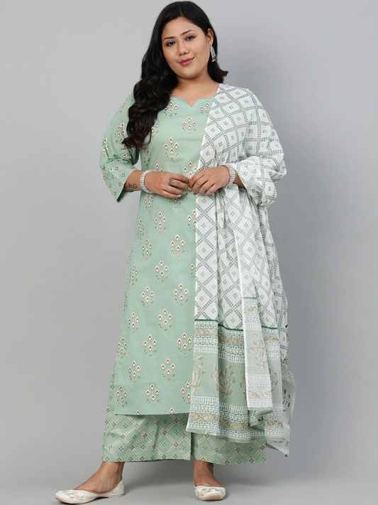 Plus Size Women Green Ethnic Cotton Kurta Set