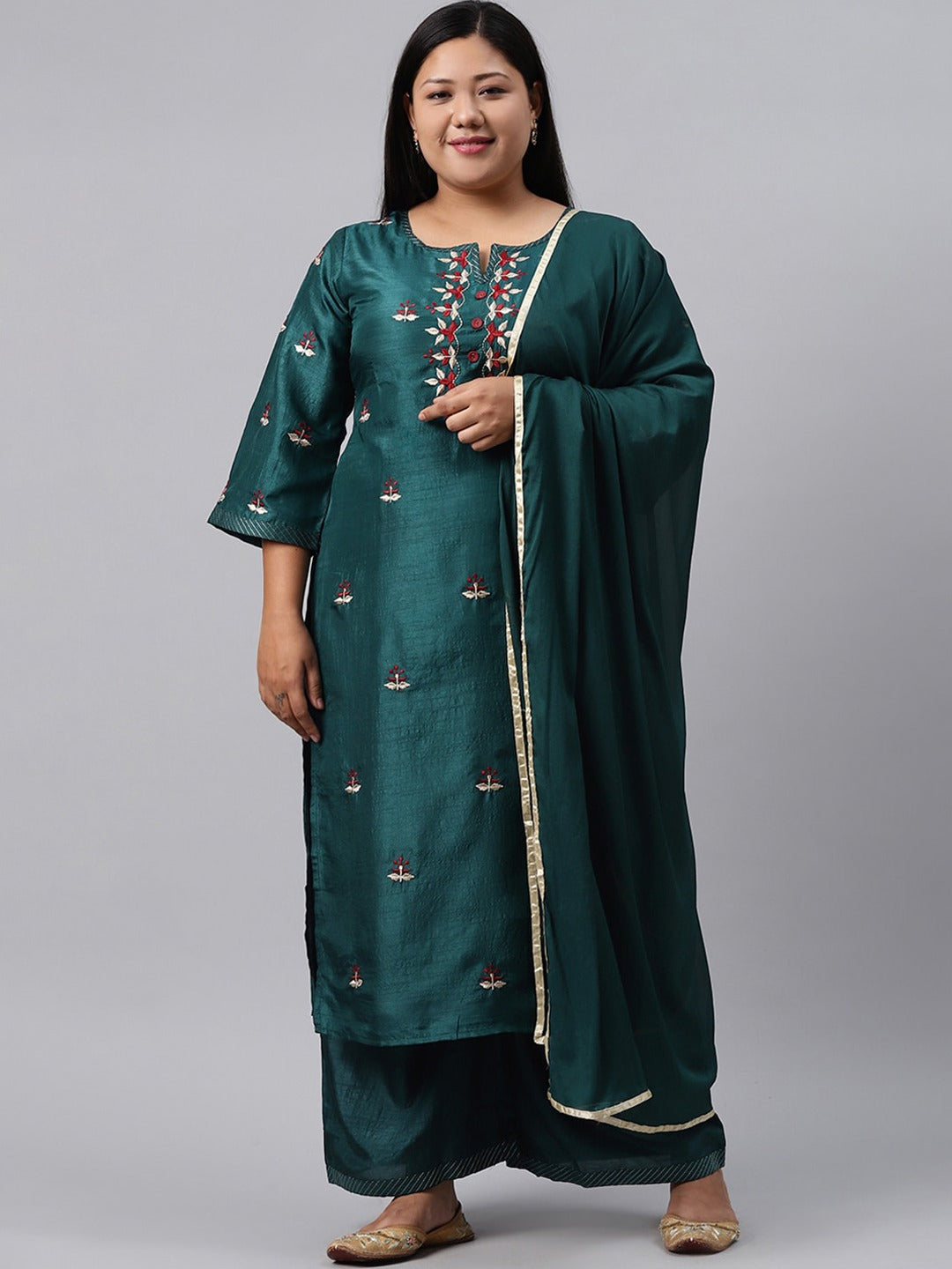 Plus Size Women Green Floral Kurta Set