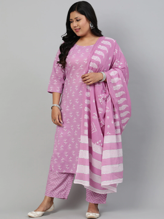 Plus Size Women Lavender Cotton Kurta Set