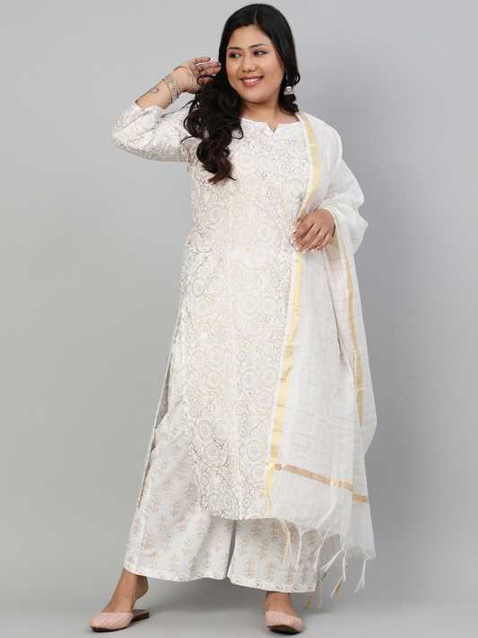 Plus Size Women Off White Pure Cotton Kurta Set