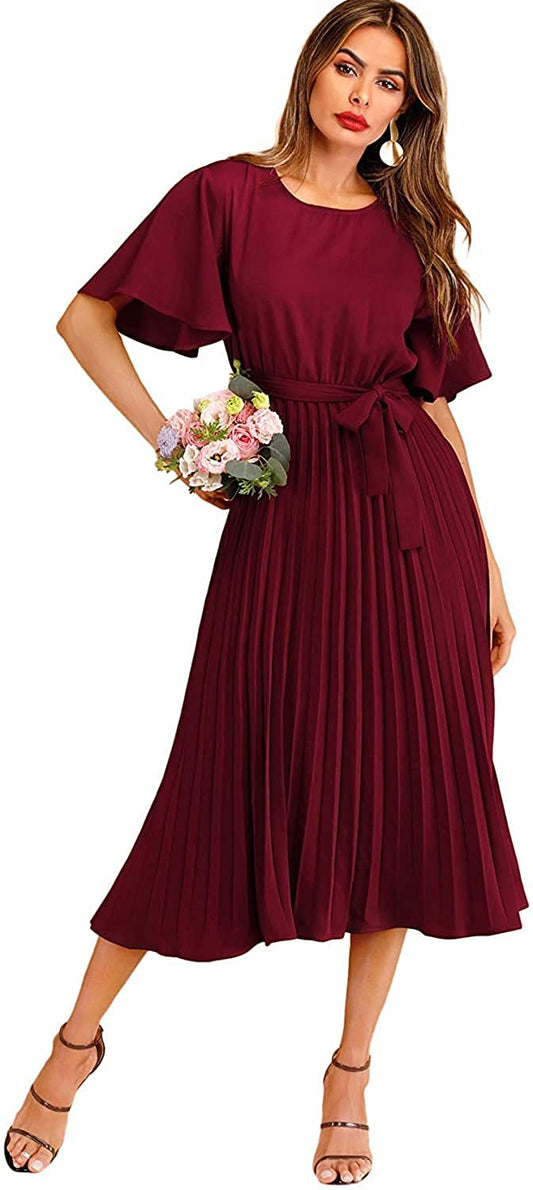 Polyester Belted Maroon Dress