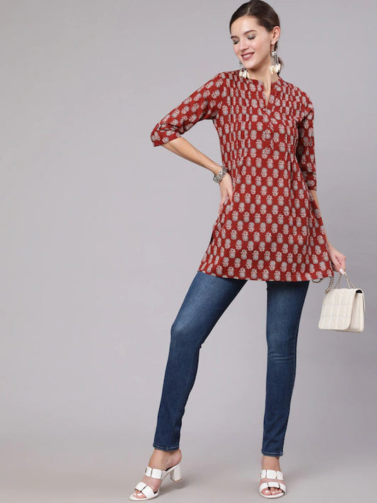 Maroon & White Ethnic Motifs Printed Pure Cotton Kurti