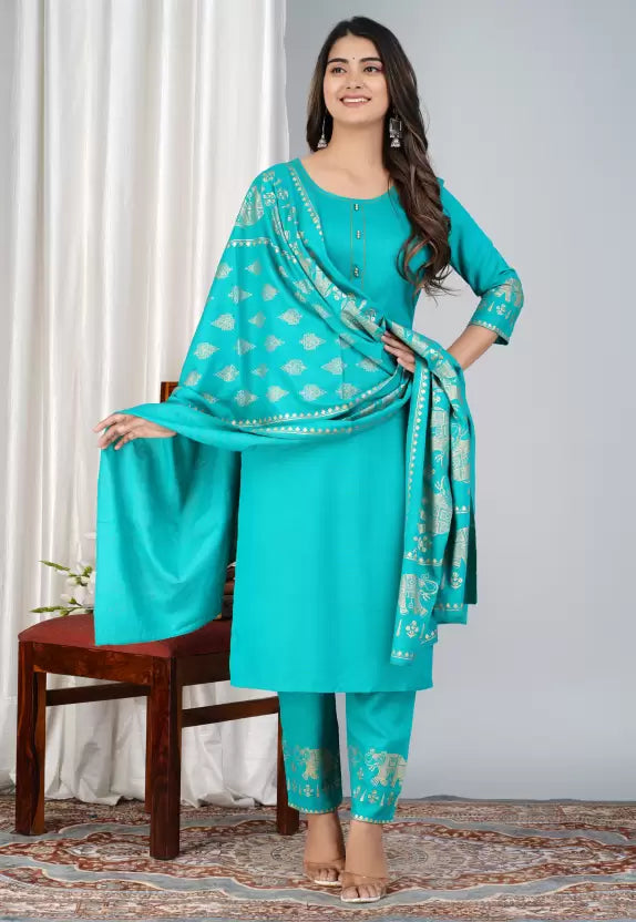 Women Cotton Rayon Turqoise Kurta, Pant And Dupatta Set