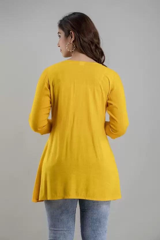 Women Viscose rayon Casual Regular Sleeves Embroidered Women Yellow Top
