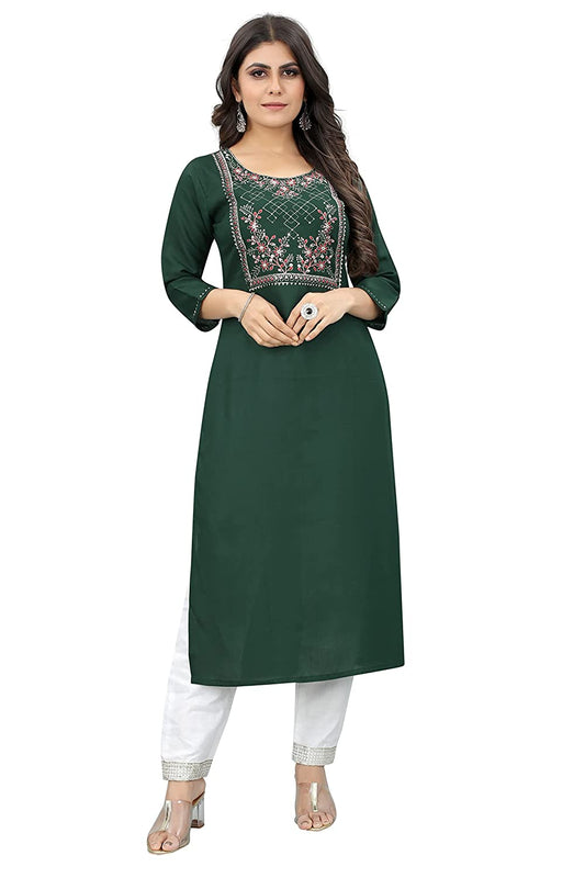 Rayon Cotton Long Straight Embroidery Work Indian Ethnic Kurti Set