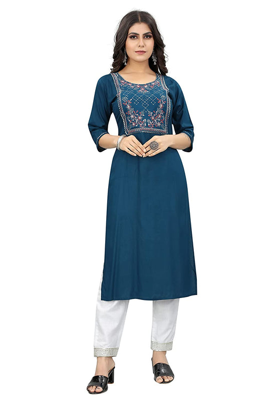 Rayon Cotton Long Straight Embroidery Work Indian Ethnic Kurti Set