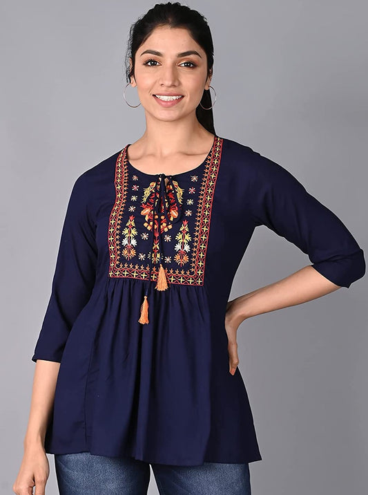 Rayon Embroidered Regular Fit Rayon Top