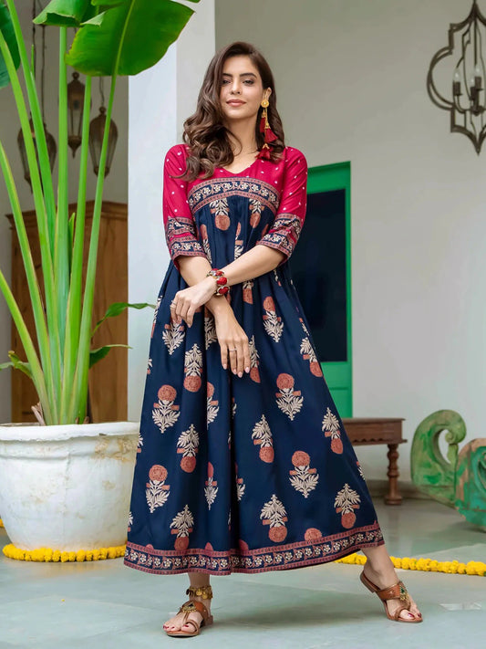 Red & Navy Blue Ethnic Motifs Printed Maxi Dress