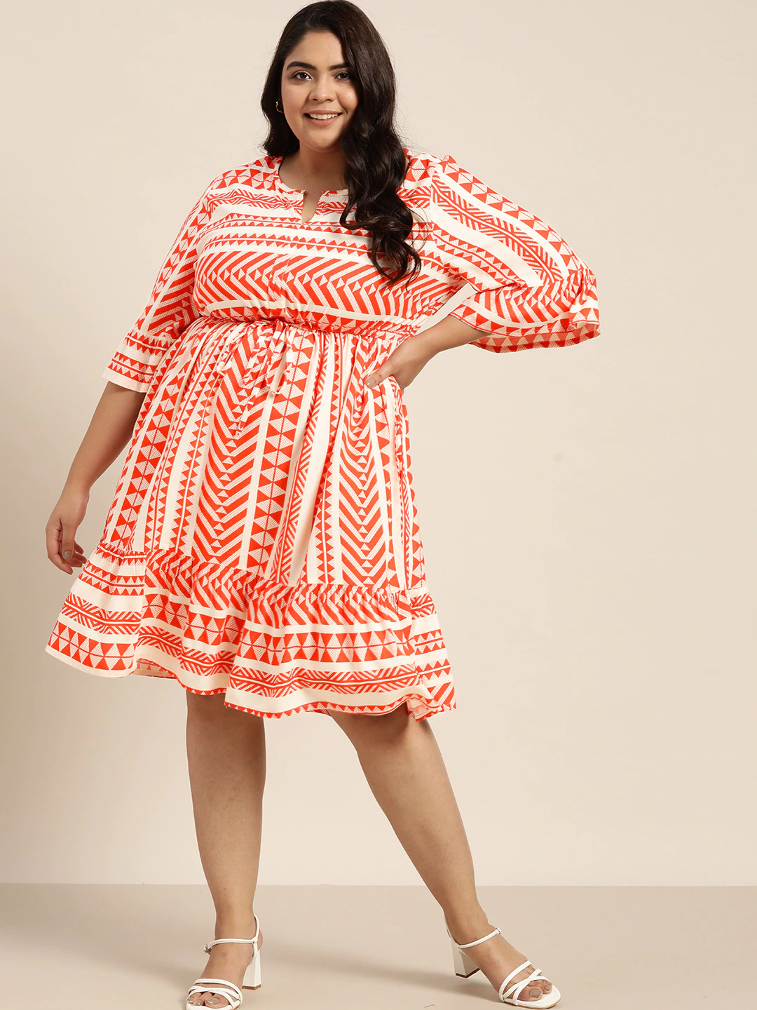 Plus Size Off White & Orange A-Line Dress