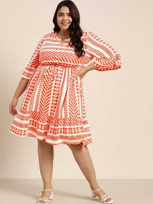 Plus Size Off White & Orange A-Line Dress