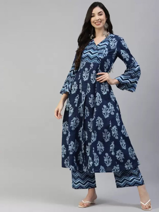 Women A-Line, Bell-Sleeve Kurta and Palazzo Set Cotton Blend