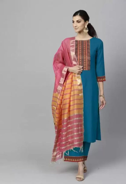 Women Blue Cotton Blend Kurta, Pant And Colorful Dupatta Set