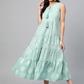 Sea Green & White Ethnic Pure Cotton A-Line Dress