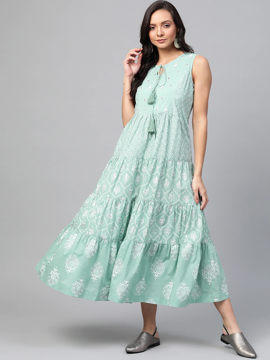 Sea Green & White Ethnic Pure Cotton A-Line Dress