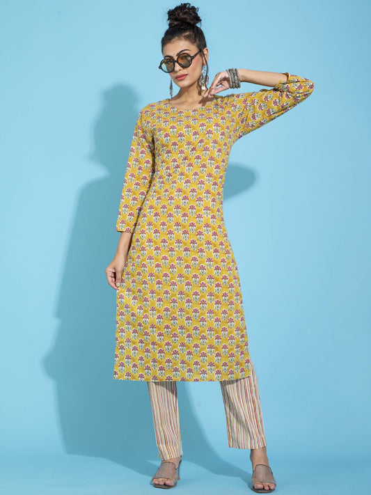 Women Yellow Embroidered Cotton Kurta Set