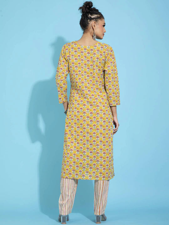 Women Yellow Embroidered Cotton Kurta Set