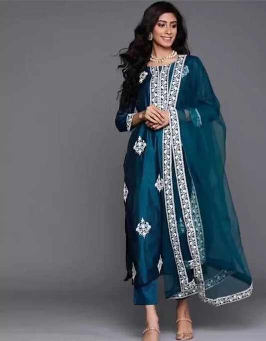 Women Art Silk Teal Kurta set with Dupatta