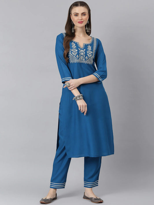 Women Teal Ethnic Motifs Embroidered Kurta Set