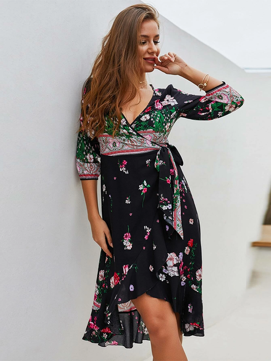 Floral Print Tie Side Flounce Hem Wrap Dress