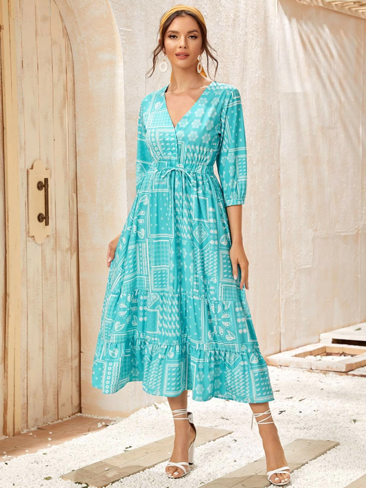 Tribal Print Drawstring Waist Ruffle Hem Dress