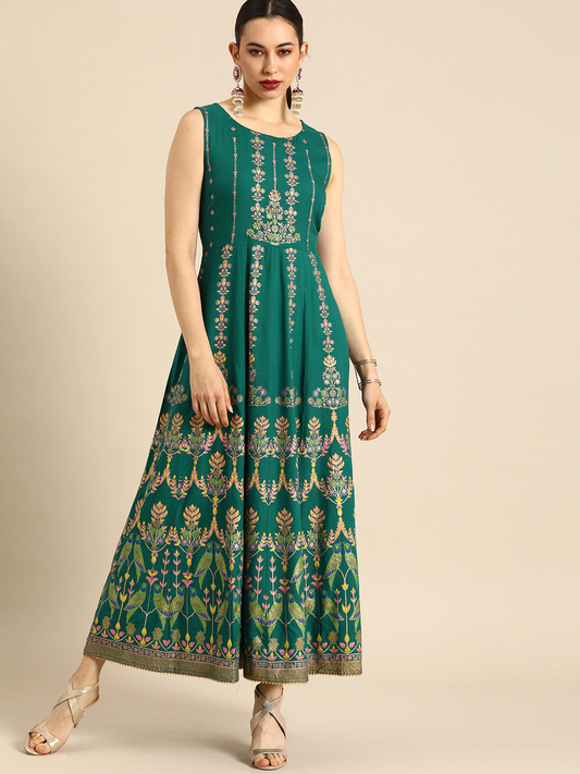 Teal Green & Golden Maxi Dress