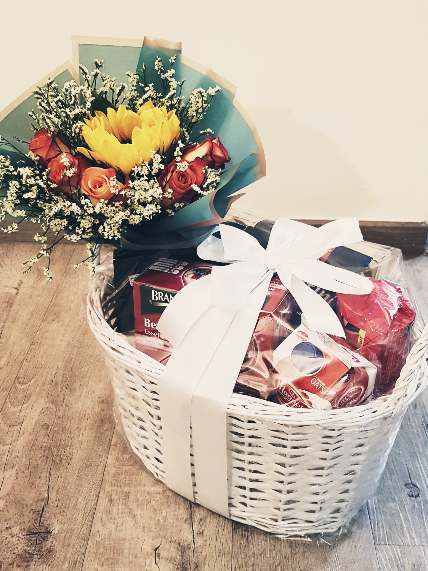 Fyona - The Care Package With Sunflower And Roses Bouquet