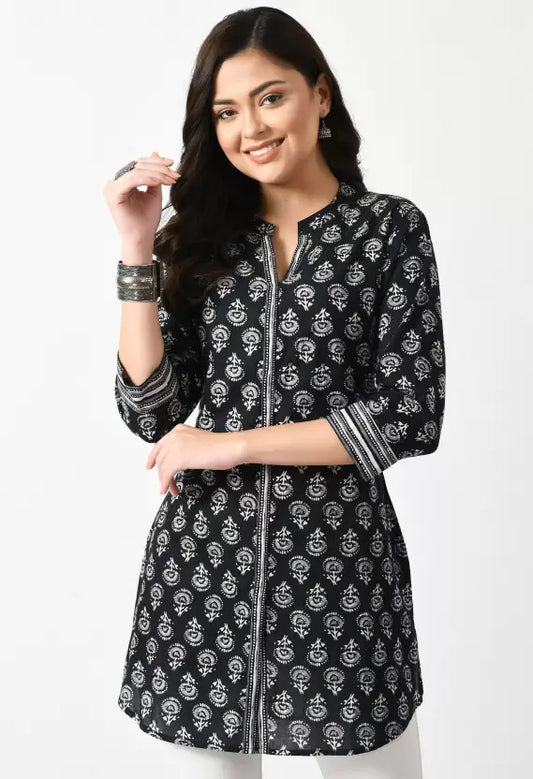 Women Black Tunic Printed Top