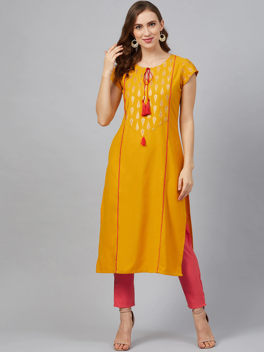 Women Mustard Yellow & Pink Yoke Design Kurta Set