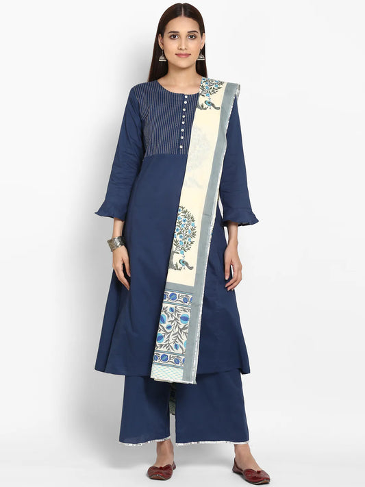 Women Blue & Embroidered Kurta with Palazzos & Dupatta