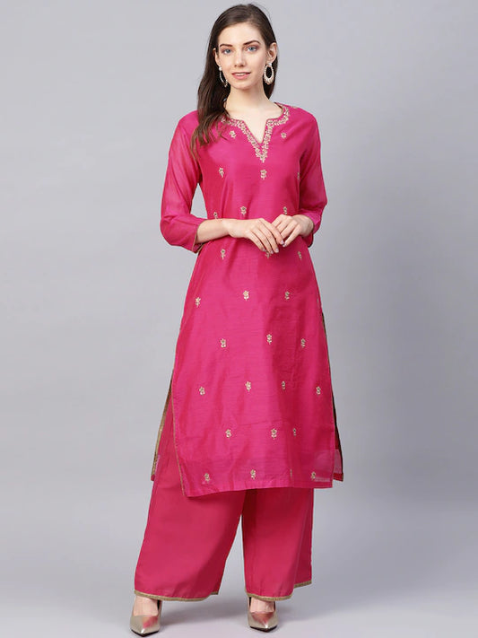 Women V-neck Pink Embroidered Kurta with Palazzos