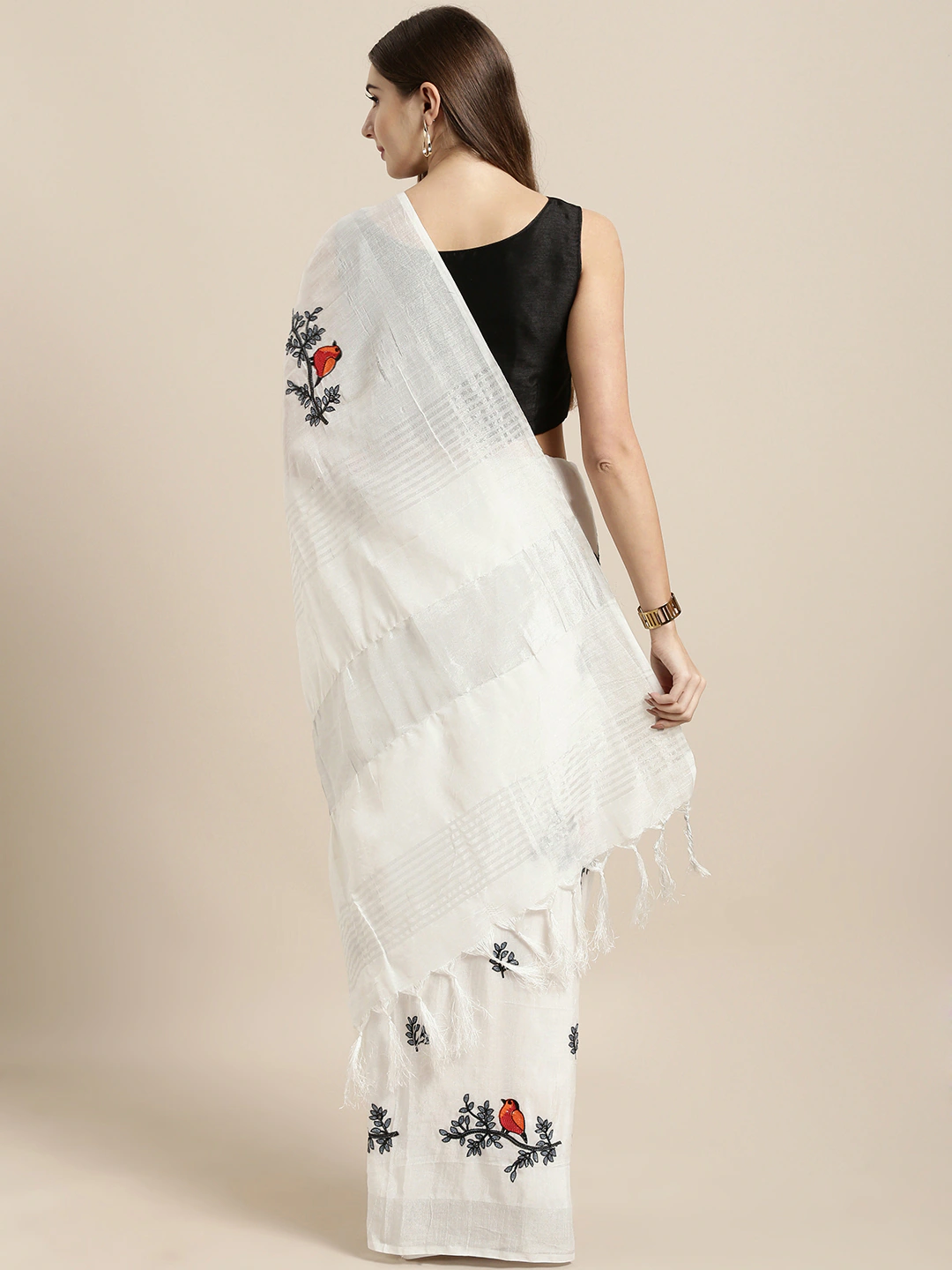 White Embroidered Linen Blend Saree
