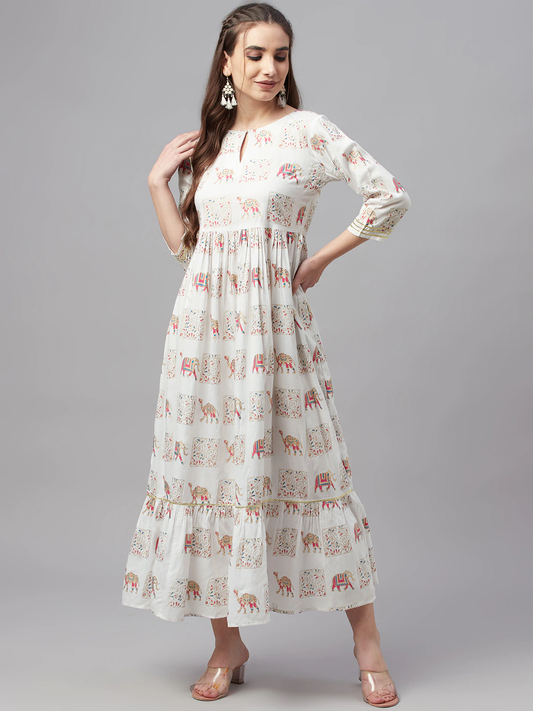White Ethnic Motifs Cotton Maxi Dress