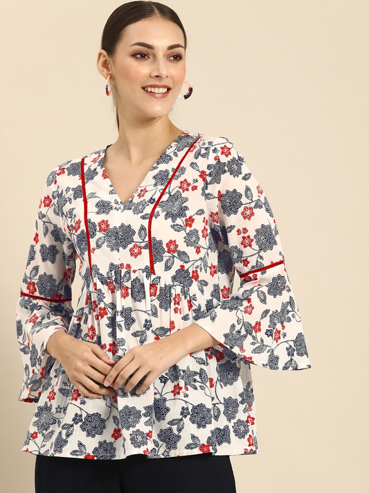 White Floral Printed Bell Sleeves Top
