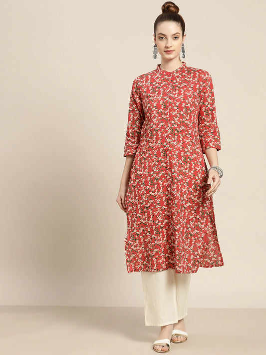 Women Red & Off White Floral Kurta