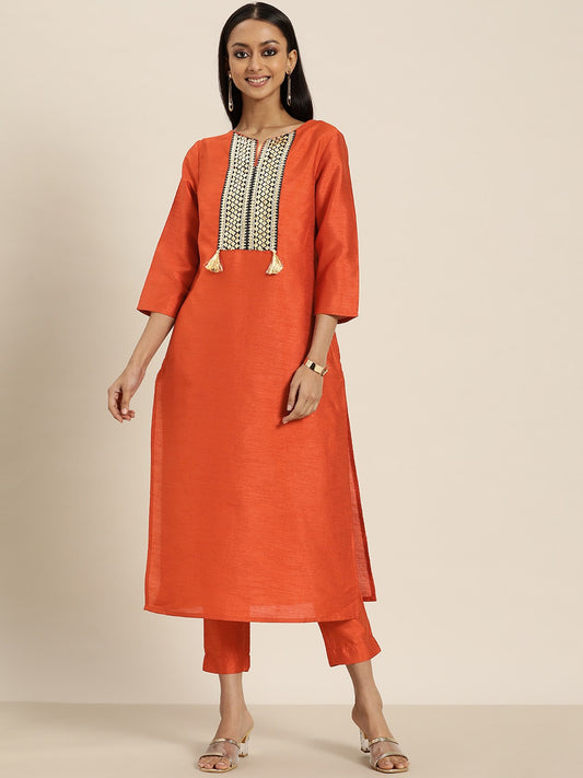 Women Orange Yoke Design Kurta Set