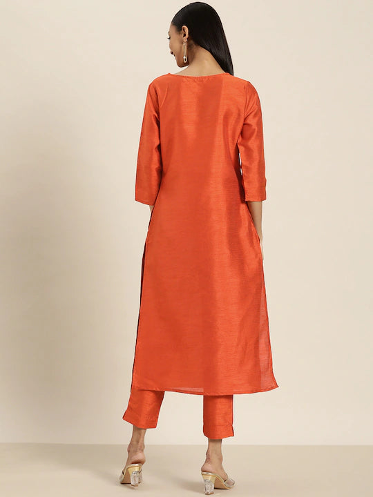 Women Orange Yoke Design Kurta Set