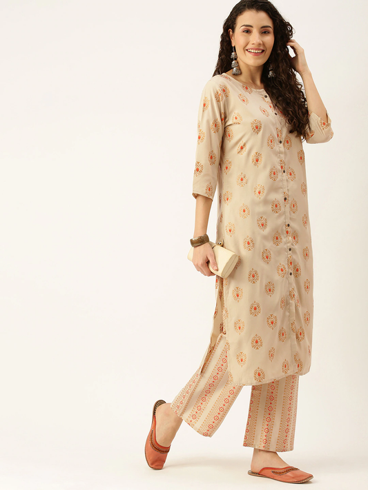 Women Beige Ethnic Kurta with Palazzos